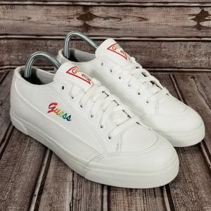 RETRO GUESS Women's 8.5 B White Leather Sneakers Shoes Rainbow Embroidery NWOT